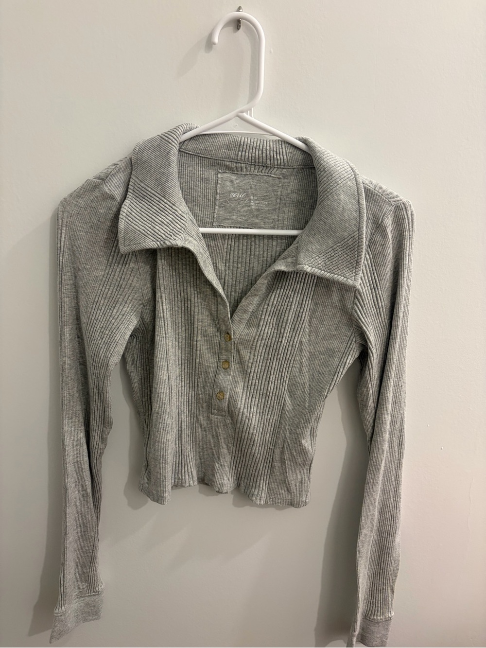 aerie Light Gray Ribbed Long-Sleeve Polo Top